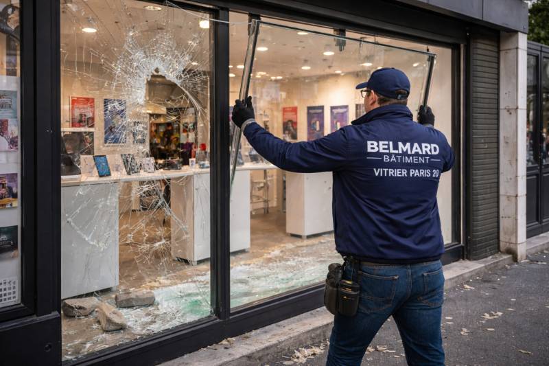 Remplacement de vitrine cassée sur Paris 19